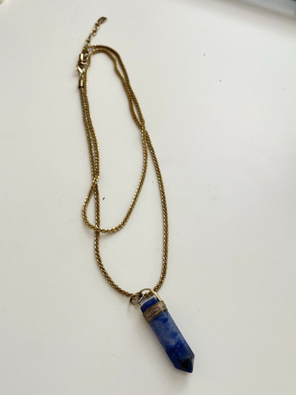Boutique Raw Lapis Lazuli Wire Wrapped Crystal Point Pendant Gold Chain Necklace